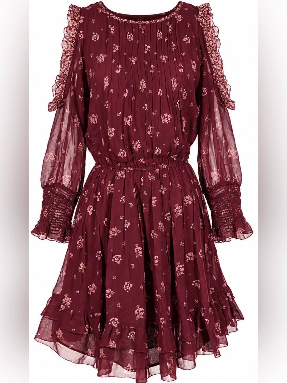 Joie 100% Silk Burgundy Floral Cold Shoulder Dress